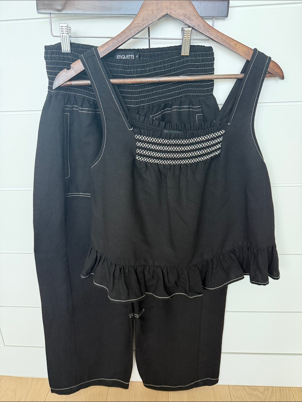 Etiquette Clothiers Black Boot Cut & Flare Jumpsuit Set with White Stitching